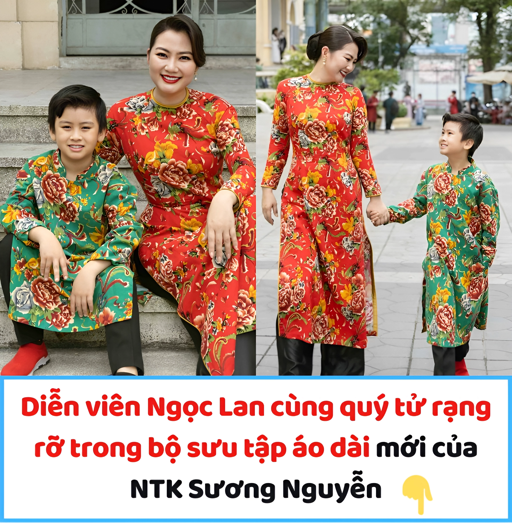 Diễn viên Ngọc Lan cùng quý tử rạng rỡ trong bộ sưu tập áo dài mới của NTK Sương Nguyễn